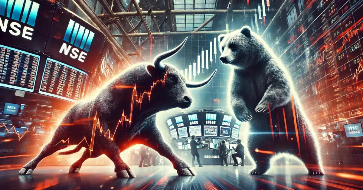 Bull and bear face-off representing stock market trends, with trading screens and NSE exchange background illustrating market volatility and investor sentiment.