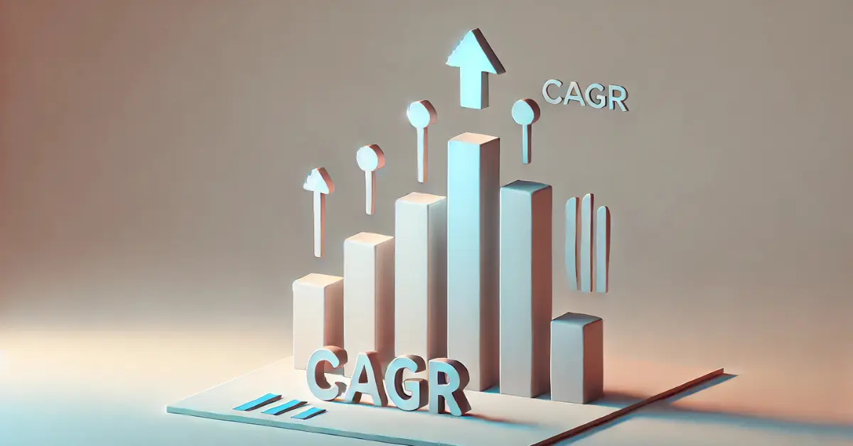 "3D bar graph illustrating CAGR (Compound Annual Growth Rate) with upward growth arrows, representing financial performance over time.