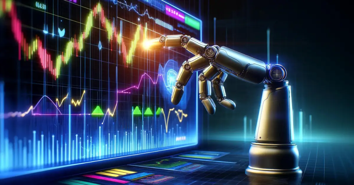 Robotic hand interacting with financial chart, illustrating the fundamentals of algorithmic trading in the digital finance sector.