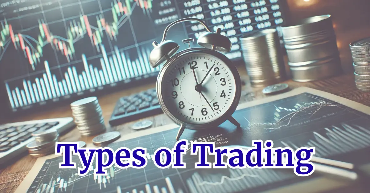 Alarm clock and financial charts illustrating different types of trading, emphasizing timing and strategy in financial markets.