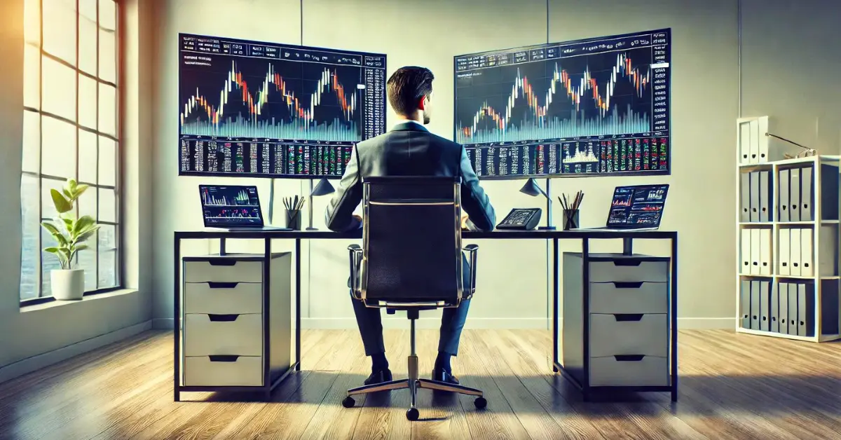 Professional trader analyzing financial charts on multiple screens in a modern office, illustrating stock trading basics and market analysis