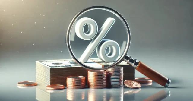A minimalist image showing a close-up of cash and coins with a magnifying glass focusing on a percentage symbol, symbolizing how interest rates affect stock market.