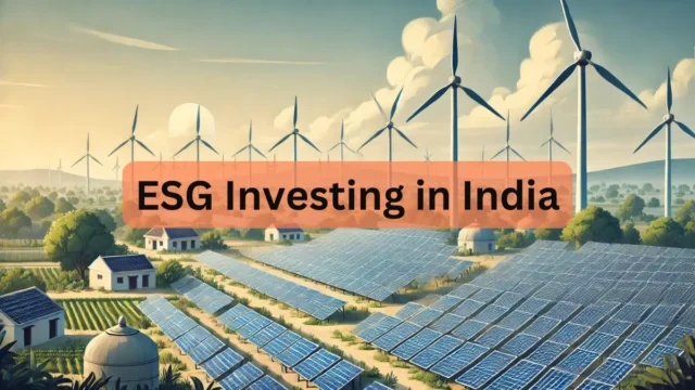 Solar panel farm and wind turbines in Indian landscape, symbolizing ESG Investing in India.