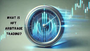 An illustration of HFT arbitrage trading, featuring blurred candlestick charts zooming forward, symbolizing speed, automation, and high-frequency trading.