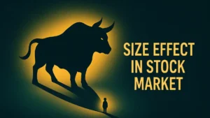 Silhouette of a small figure casting a large bull shadow, symbolizing the size effect in stock market and small firms’ growth potential.