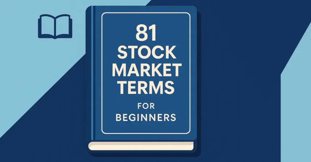 Digital handbook cover titled "81 Stock Market Terms for Beginners" in a clean, minimalist style for a stock market glossary article.