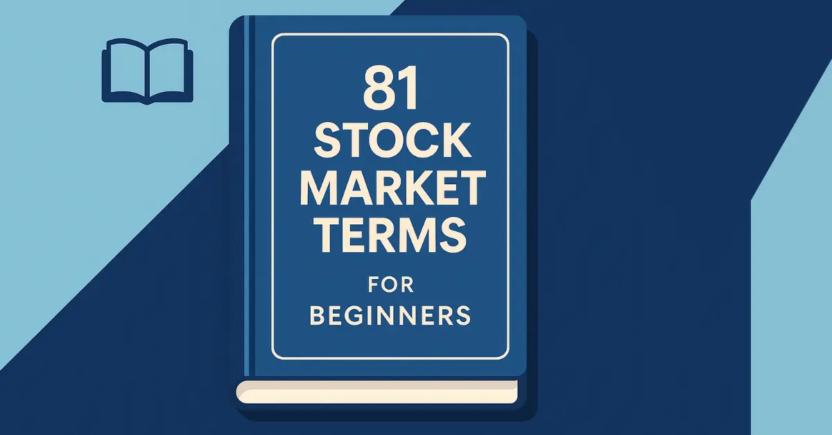 Digital handbook cover titled "81 Stock Market Terms for Beginners" in a clean, minimalist style for a stock market glossary article.