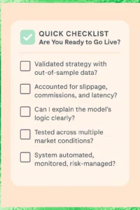 Quick checklist for going live with a quantitative trading system, covering validation, slippage, logic, and automation.