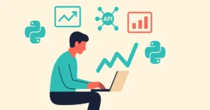 Retail quant trader at laptop surrounded by Python, API, and trading chart icons for quantitative trading analysis.