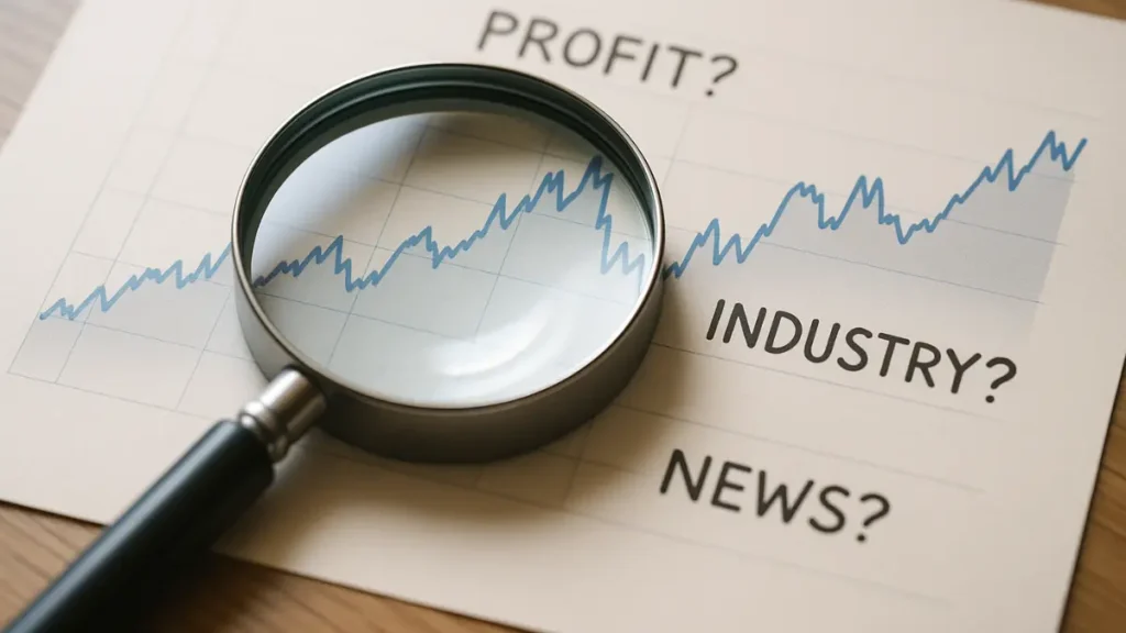 Magnifying glass over a stock chart with words profit, industry, and news, symbolizing stock research and analysis for beginner trading strategies.