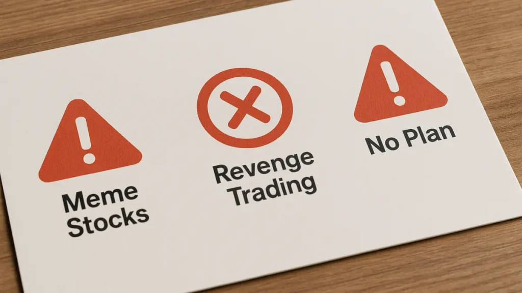 Warning icons highlighting beginner stock trading mistakes: meme stocks, revenge trading, and trading without a plan.
