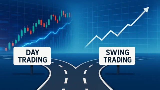 A split road illustration comparing Day Trading vs Swing Trading, with charts and signs showing their different paths.