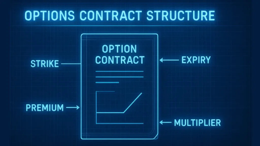 Options contract structure showing strike price, premium, expiry, and multiplier.