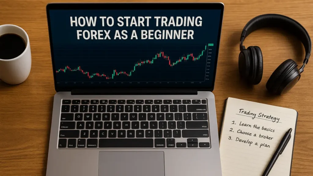 Realistic desktop showing laptop with forex chart, coffee mug, headphones, and notebook labeled 'Trading Strategy' for how to start forex trading as a beginner.