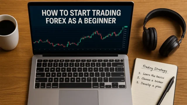 Realistic desktop showing laptop with forex chart, coffee mug, headphones, and notebook labeled 'Trading Strategy' for how to start forex trading as a beginner.