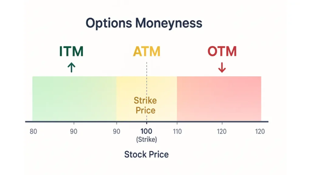 Options moneyness chart explaining ITM, ATM, and OTM relative to strike price.