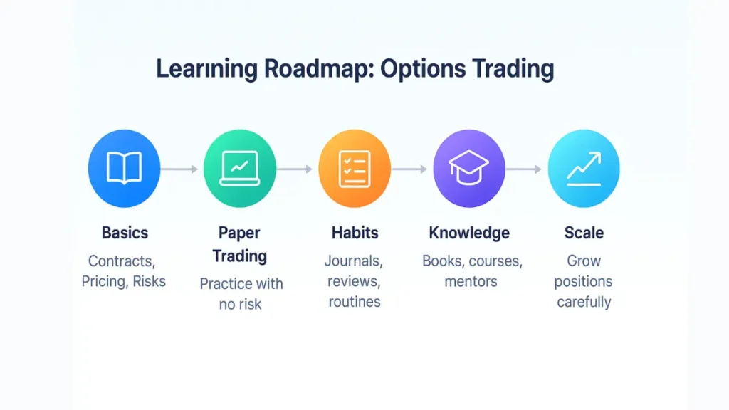 Options trading learning roadmap showing basics, paper trading, habits, knowledge, and scaling.