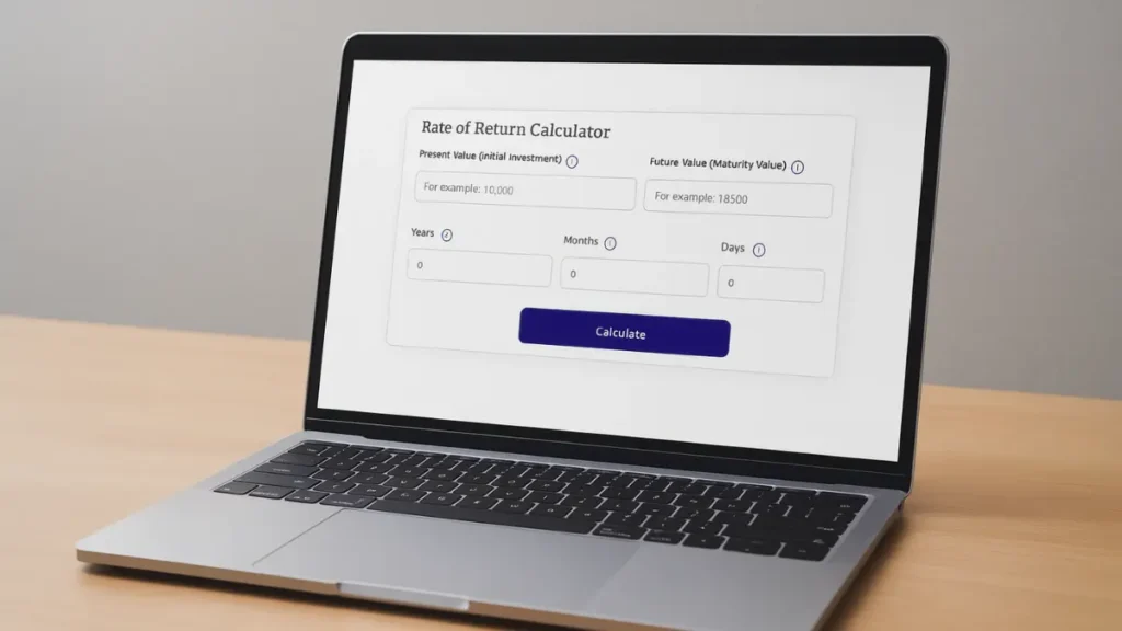 Laptop screen displaying Big brain money's rate of return calculator on a desk.