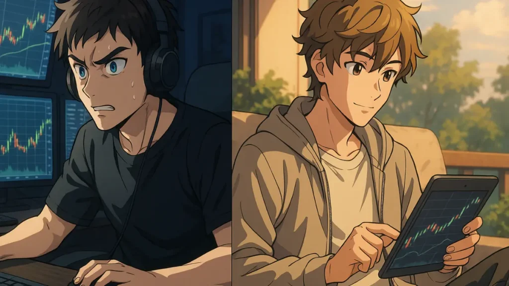 Anime style split screen illustration of two traders reflecting different trading personalities. On the left, a day trader with intense focus and sweat on his brow stares at multiple glowing monitors displaying fast-moving charts in a dark room, capturing the high-pressure, fast-paced nature of day trading. On the right, a swing trader sits relaxed on a sunny balcony, calmly reviewing a rising chart on a tablet, representing the strategic, flexible lifestyle of swing trading.
