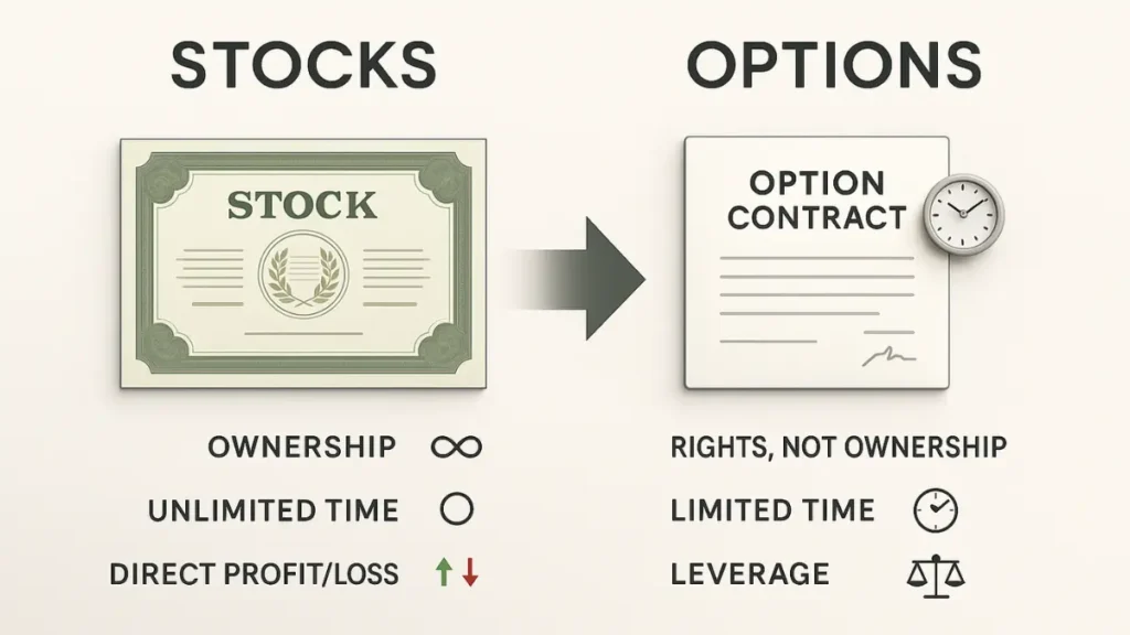Comparison of stocks vs options showing ownership, leverage, and contract-based trading.
