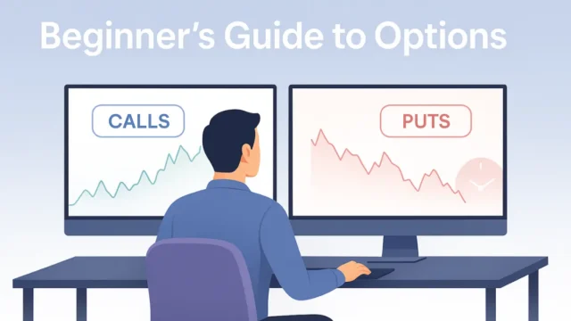 Beginner’s guide to options trading illustration showing a trader analyzing call and put options on dual monitors.