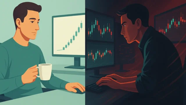Illustration showing the contrast between swing trading vs scalping a relaxed trader with a single upward-trending chart on the left, and an intense scalper with multiple monitors and fast-moving candlestick charts on the right.