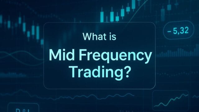 What is Mid Frequency Trading (MFT) written in center in bold neon text with background as candlesticks and market symbolism